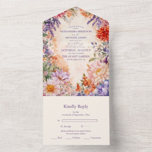 Boho Victoriaans Royal Floral Wedding All In One Uitnodiging (Binnen)