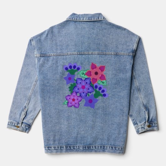 Boho Vilt Look Paarse Roze Blauwe Bloemen Mooi Denim Jacket (Achterkant)
