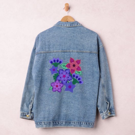 Boho Vilt Look Paarse Roze Blauwe Bloemen Mooi Denim Jacket (Hangar)