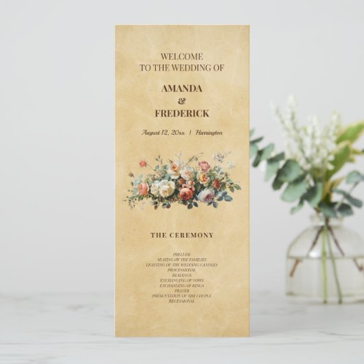 Boho vintage bloemstuk bruiloftsprogramma kaart (Staand voorkant)