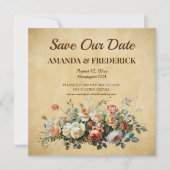 Boho vintage bloemstuk oude papier save the date (Voorkant)