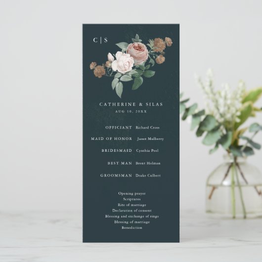 Boho Vintage Roze Bloem Bruiloftsprogramma Programmakaart (Staand voorkant)