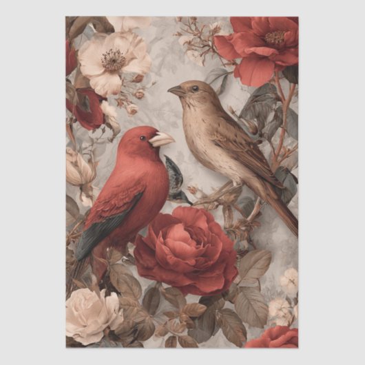 Boho Vintage Vogels & Bloemen Tissuepapier (Voorkant)