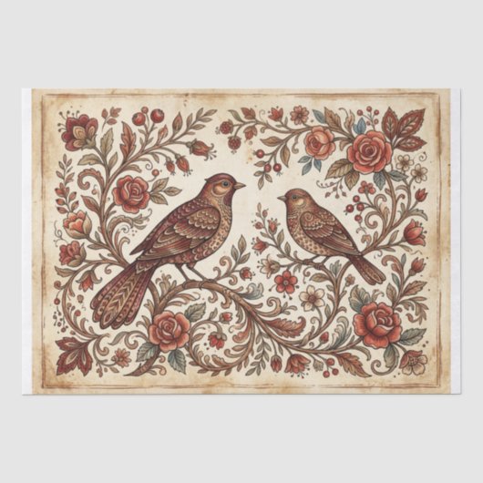 Boho Vintage Vogels & Bloemen Tissuepapier (Voorkant)