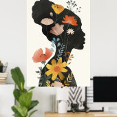 Boho Vintage Vrouwelijk Portret met Wilde Bloemen Poster (Thuiskantoor)