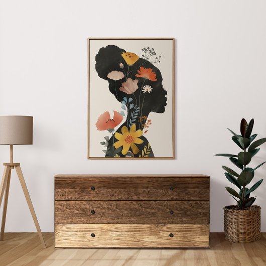 Boho Vintage Vrouwelijk Portret met Wilde Bloemen Poster