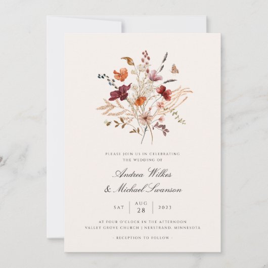 Boho Vintage Wilde Bloem Herfst Bruiloft Kaart (Voorkant)