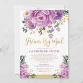 Boho Violet Gold Floral Girl Baby shower per post Kaart (Voorkant)