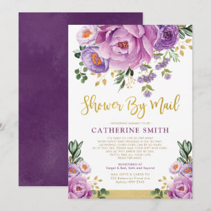 Boho Violet Gold Floral Girl Baby shower per post Kaart