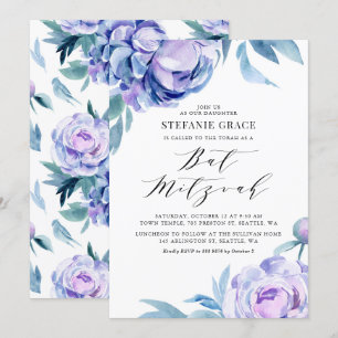 Boho Violet Waterverf Peonies Floral Bat Mitzvah Kaart