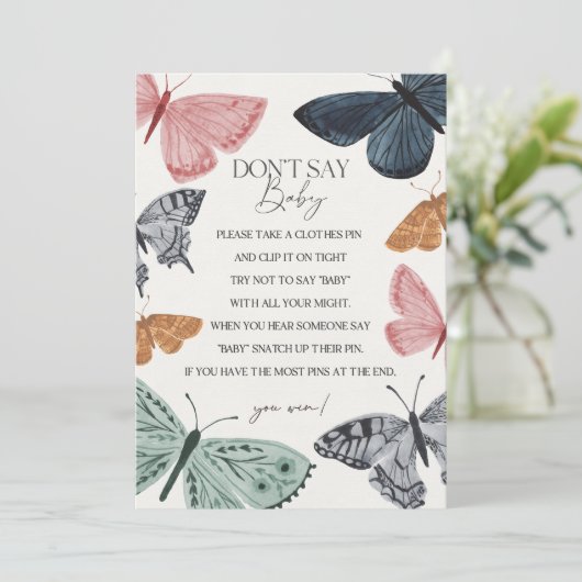 Boho vlinder Baby shower Dont Say Baby spel Kaart (Staand voorkant)