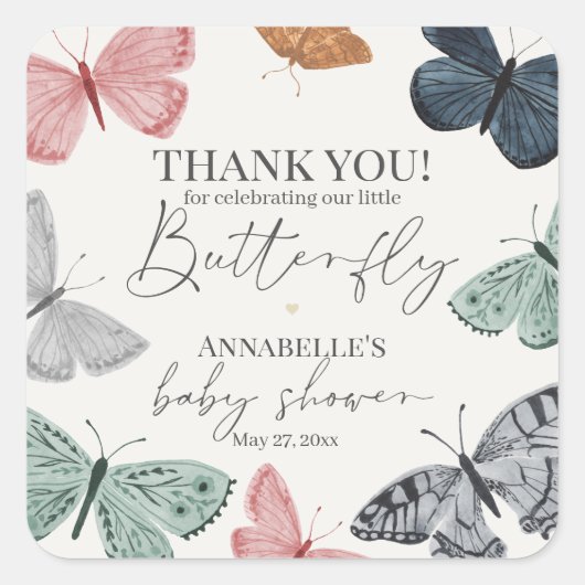 Boho vlinder Baby shower feest dessert gunst Vierkante Sticker (Voorkant)