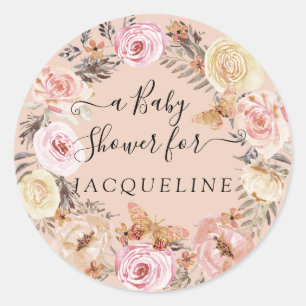 Boho vlinder blush Waterverf bloemenkrans Baby Ronde Sticker