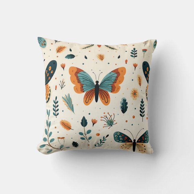 Boho Vlinder en Botanische Weide Kussen (Voorkant)