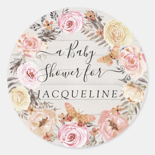 Boho vlinder roze wit hout bloemenkrans Baby Ronde Sticker (Voorkant)