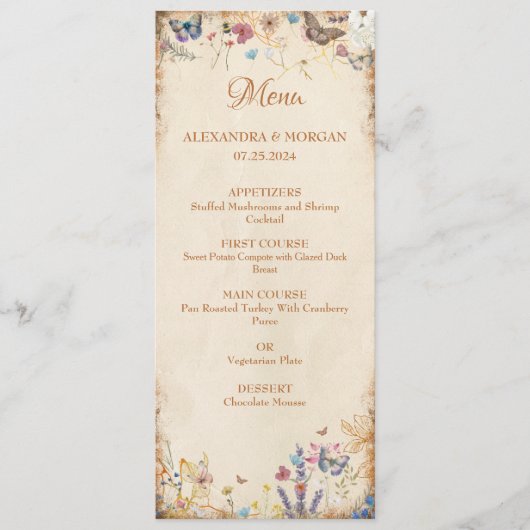 Boho vlinder tuin bruiloft menu (Voorkant)