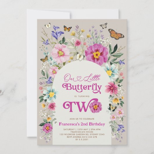 Boho vlinder wildbloem meisje 2e verjaardag kaart (Voorkant)