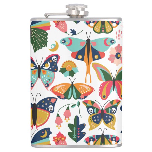 Boho vlinders: naadloos behangpatroon. heupfles (Voorkant)