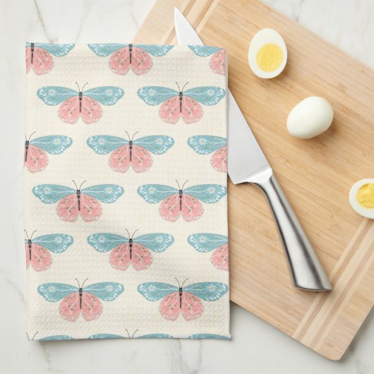 Boho Vlinders Op Lichtgele Achtergrond Theedoek (Quarter Fold)