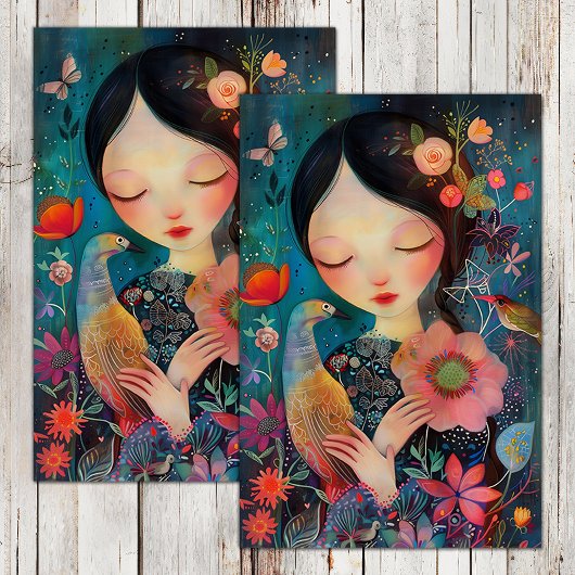 BOHO VOGEL EN BLOEMENMEISJE DECOUPAGE TISSUEPAPIER