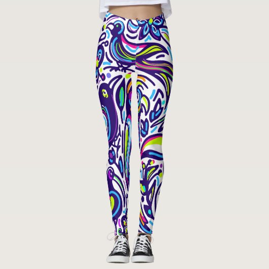 Boho vogelpatroon l Elegant blauw en wit Leggings (Voorkant)