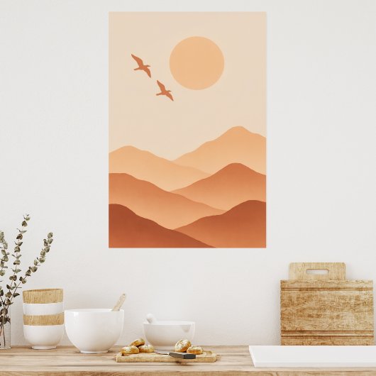 Boho Vogels & Bergzon – Minimalistische Natuur Poster (Keuken)