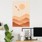 Boho Vogels & Bergzon – Minimalistische Natuur Poster (Thuiskantoor)