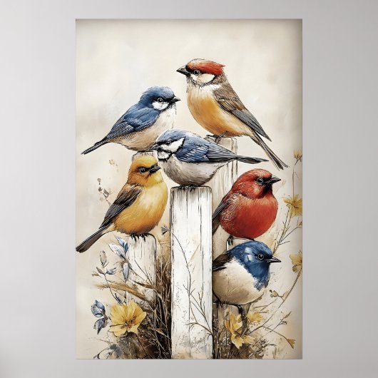 Boho Vogels Op Hek Afdruk, Vogel Rustieke Kinderka Poster (Voorkant)