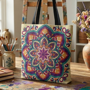 Boho Volkskunst Bloem Tote Bag