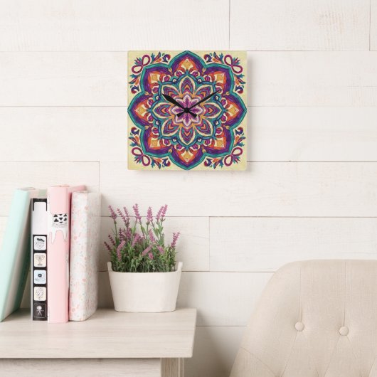 Boho Volkskunst Bloem Vierkante Klok (Leeskamer)