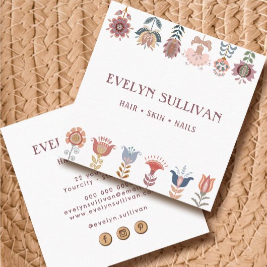 Boho Volkskunst Bloemen Vierkant visitekaartje