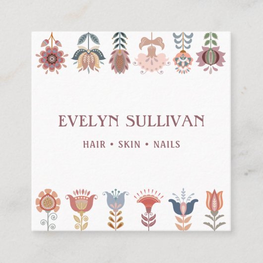 Boho Volkskunst Bloemen Vierkant visitekaartje (Voorkant)