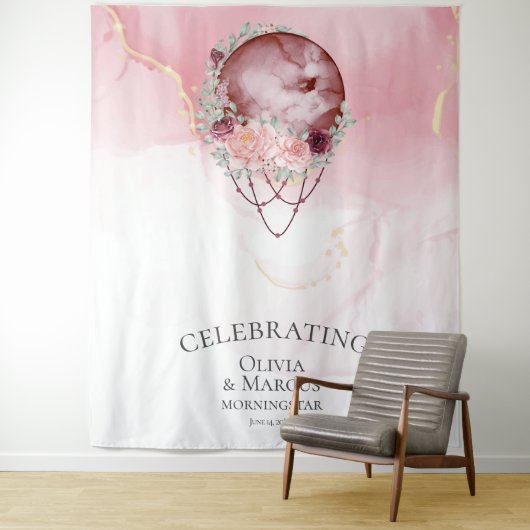 BOHO Volle Maan Stof Roze Aquarel Hemels Wandkleed (In situ)