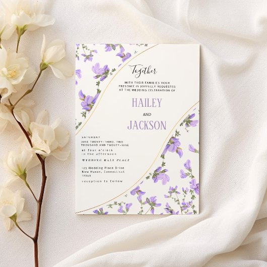 Boho voorjaar lila gouden wilde bloem bloemenbruil kaart