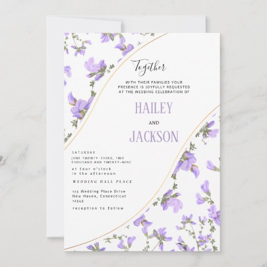 Boho voorjaar lila gouden wilde bloem bloemenbruil kaart (Voorkant)