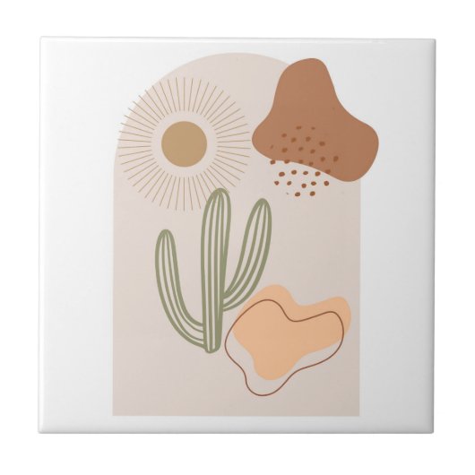 Boho Vormen Abstract Beige Terracotta Zon Cactus Tegeltje (Voorkant)