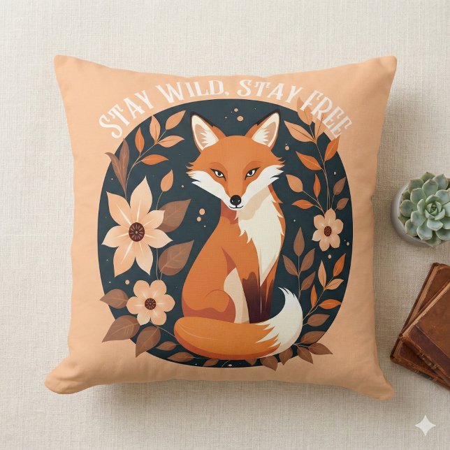 Boho Vos "Blijf Wild, Blijf Vrij" Bosontwerp Kussen (Boho Fox Stay Wild, Stay Free Woodland Design Throw Pillow Mockup A)
