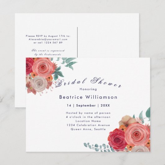 Boho vrijgezellenfeest rode roos bloemenuitnodigin briefkaart (Voorkant / Achterkant)