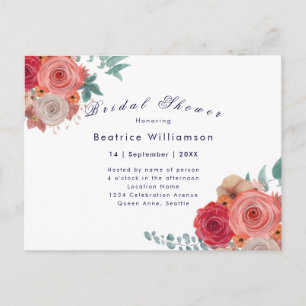 Boho vrijgezellenfeest rode roos bloemenuitnodigin briefkaart