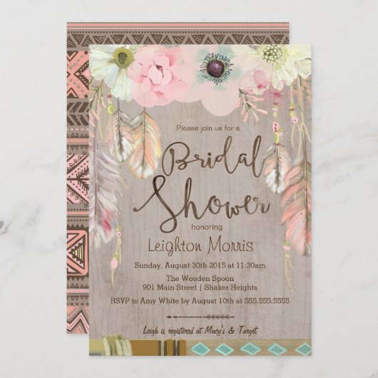 Boho Vrijgezellenfeest Uitnodigen, Tribal Feather  Kaart (Voorkant / Achterkant)