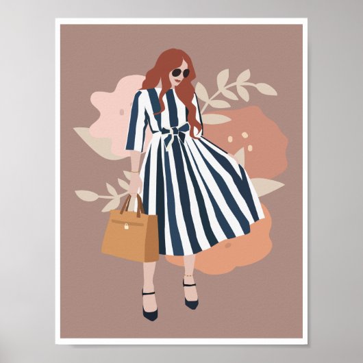 Boho vrouw blauwe gestreepte jurk bloemige modekun poster (Voorkant)