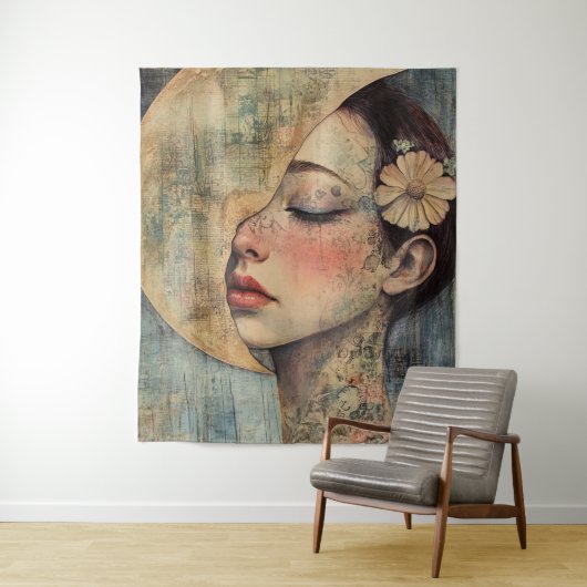 Boho  vrouw en halve maan wandkleed (In situ)