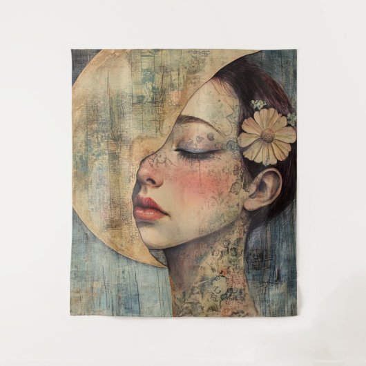 Boho  vrouw en halve maan wandkleed (Voorkant)