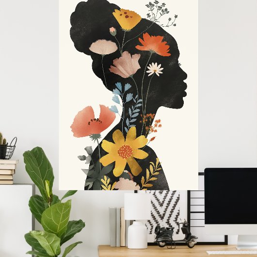 Boho  Vrouw Portret met wilde bloemen Poster (Thuiskantoor)