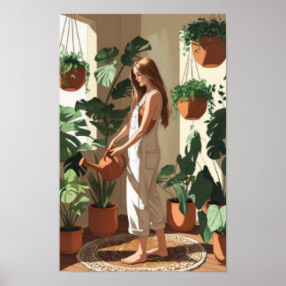 Boho Vrouw Water geeft Binnenplanten Poster