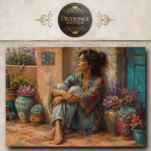Boho-vrouw zit tussen kleurrijke bloempotten tissuepapier
