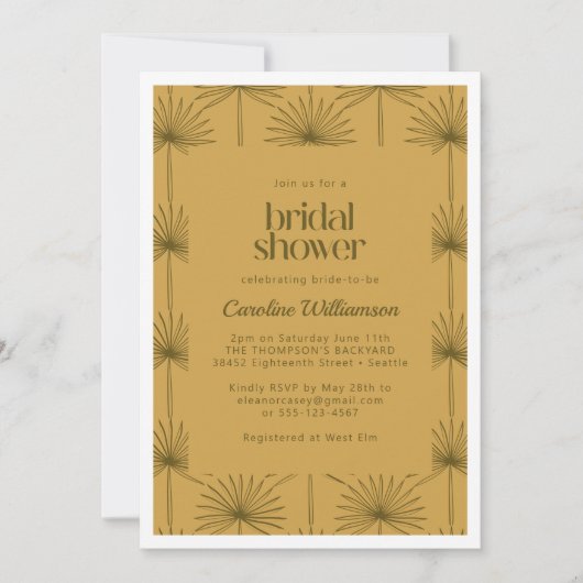 Boho waaierpalmblad botanische mosterd bruidsdouch kaart (Voorkant)