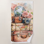 Boho Wanderlust Vintage Bagage Rozen Naam Strandlaken (Voorkant)