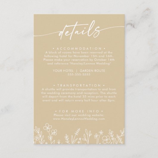 Boho Warm Beige Wildflower Wedding Details  Informatiekaartje (Voorkant)