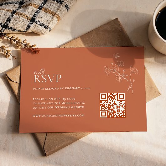 Boho Warm Sienna Terracotta Bloemen QR Code Huweli RSVP Kaartje